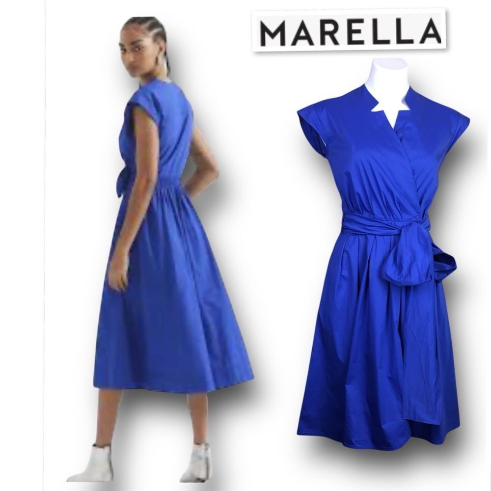 MARELLA Royal Blue Cotton Poplin Blend Notched Neck Wrap Midi Dress Size US 6 - Picture 4 of 14